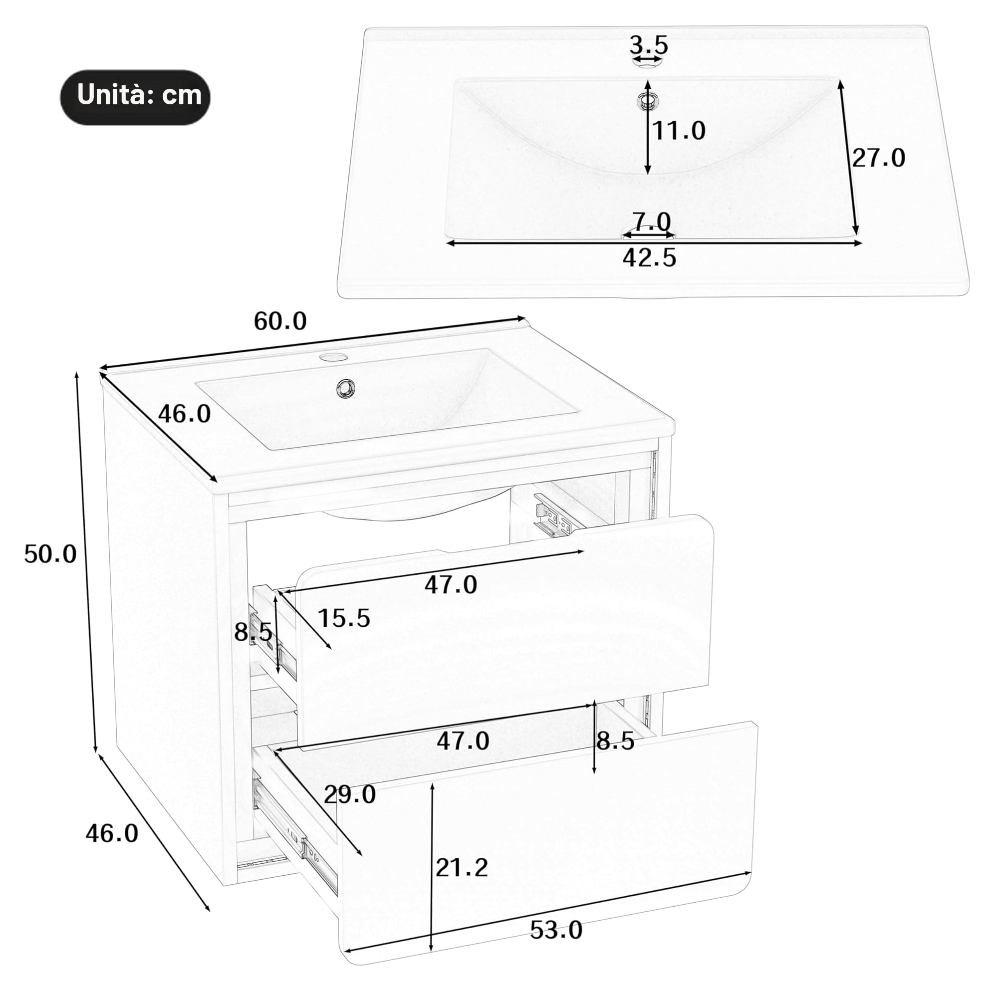 Soweiz Lavabo, lavabo integrato, da appendere alla parete, mobile da bagno, completamente laccato, illuminazione a LED con sensore a rotar, due cassetti, guide scorrevoli, bianco, 60 x 46 x 50 cm