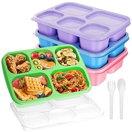 KHOXU Bento Lunch Box, 5 Compartment Meal Prep Container, Reusable, Durable, Stain-Resistant, Microwave & Dishwasher Safe, Blue/Purple/Green