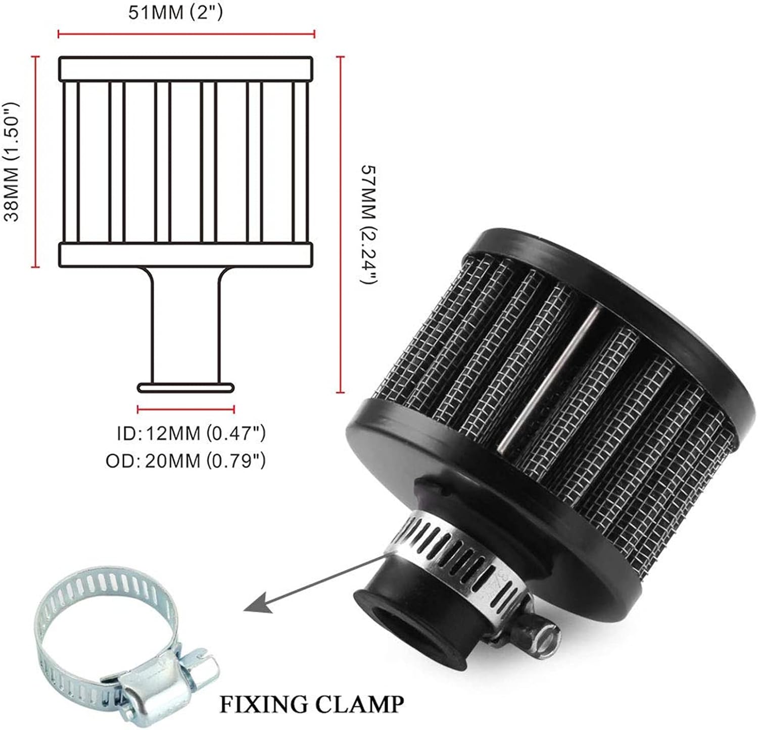 RYANSTAR 12mm Air Filter Cold Air Intake Filter Breather Turbo Vent Universal Air Intake Filter Cleaner Black Compatible with car and Motorcycle
