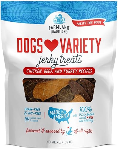Farmland Traditions Dogs Love Jerky - Golosinas para perros, paquete variado de cecina premium para perros con pollo, carne de res y pavo, bolsa de