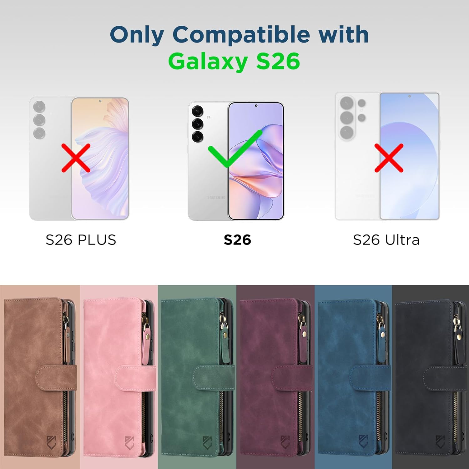 for Samsung Galaxy S26-Wallet Case: with RFID Blocking Card Slots (6 Cards) | Soft PU Leather Magnetic Snap Zipper Pocket | Crossbody Wrist Strap Protective Phone Cover - Blue