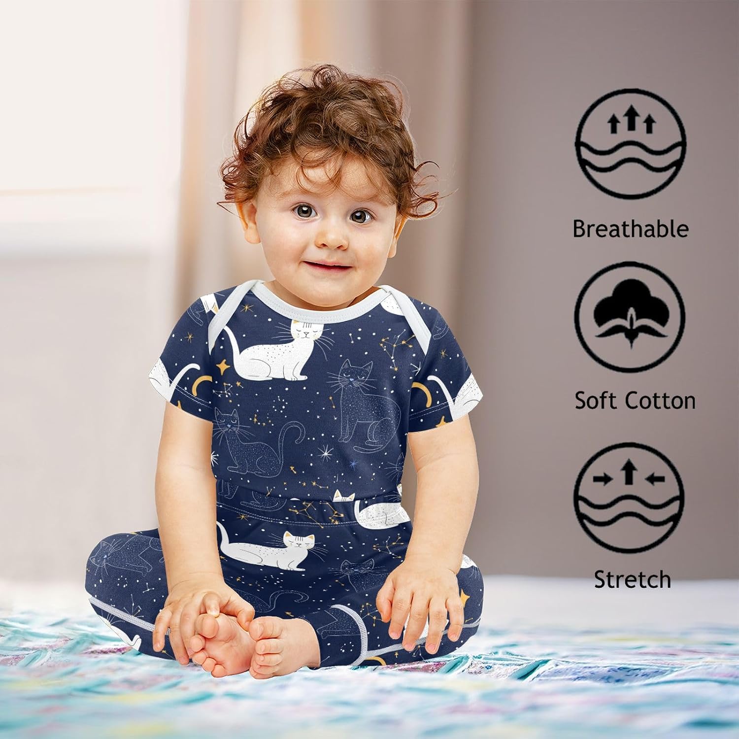 vvfelixl Baby Clothes Starry Sky Cats Baby Bodysuits Set Unisex Short Sleeve Babys Pants Sets 0-3M