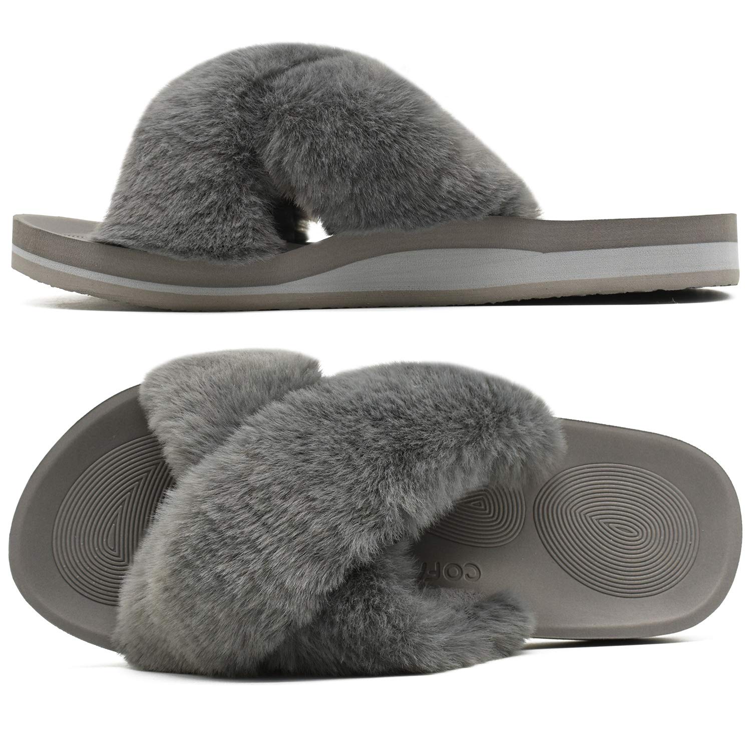COFACEWomens Fuzzy Slides Fluff Faux Fur Cross Slippers Open Toe Yoga Mat House Slippers Sandals With Arch Support For Indoor/Outdoor