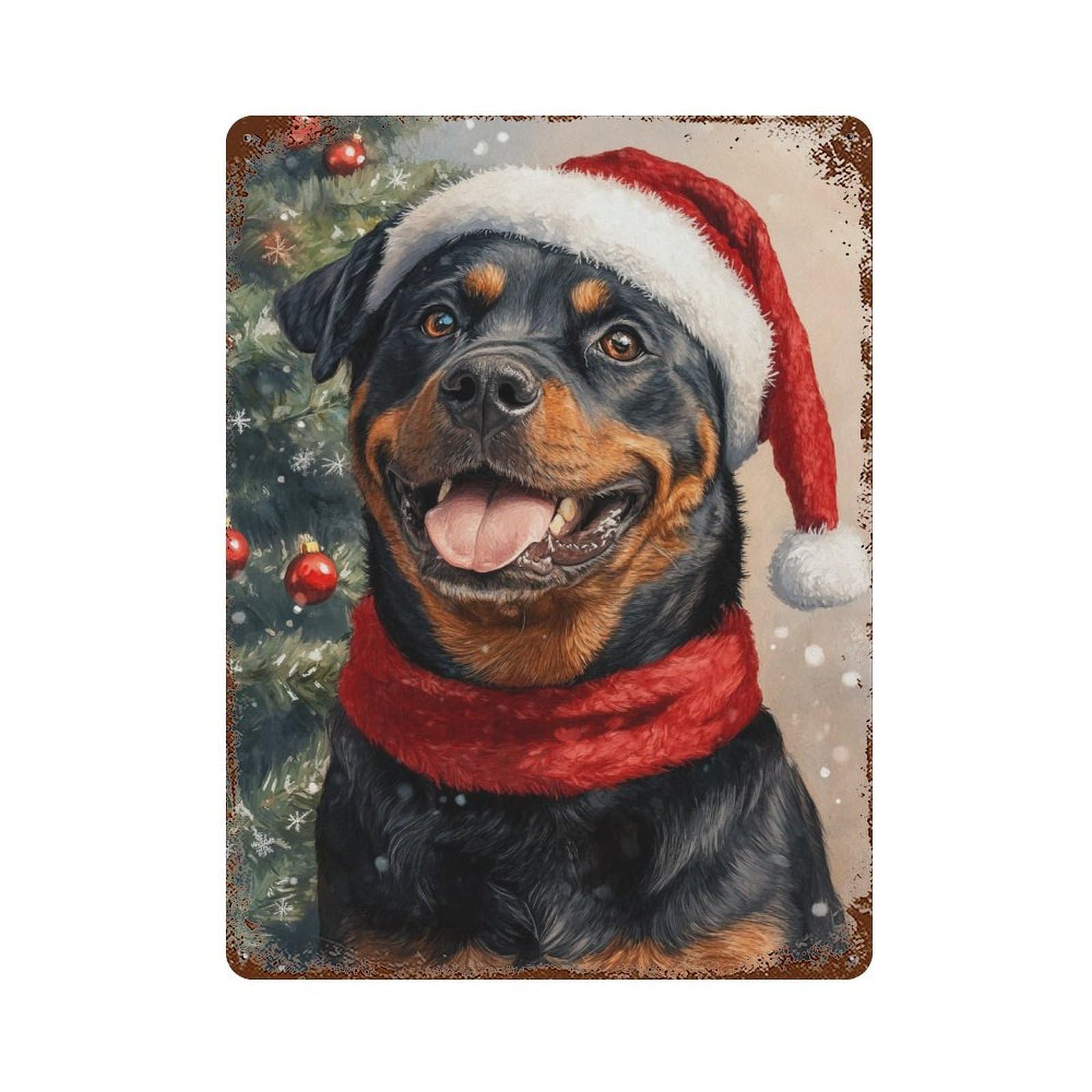Christmas Rottweiler Portrait Rust Effect Tin Sign 15.7"x11.8", Vintage Wall Decor for Bistro, Counter And Cafe Decor