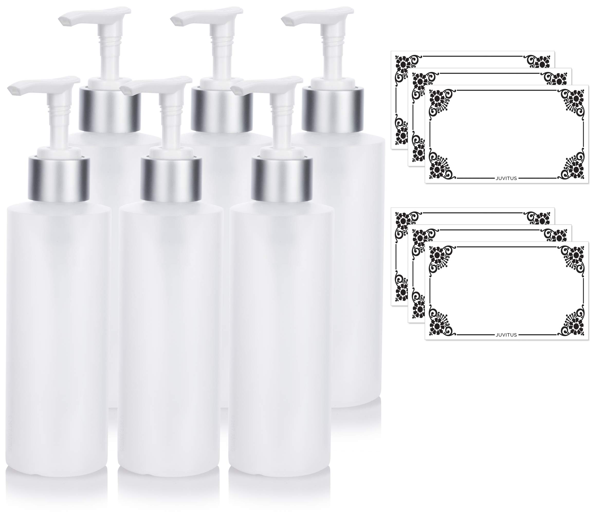 JUVITUS6 oz Clear Natural Refillable Plastic Squeeze Bottle with Silver Lotion Pump Dispenser (6 Pack) + Labels