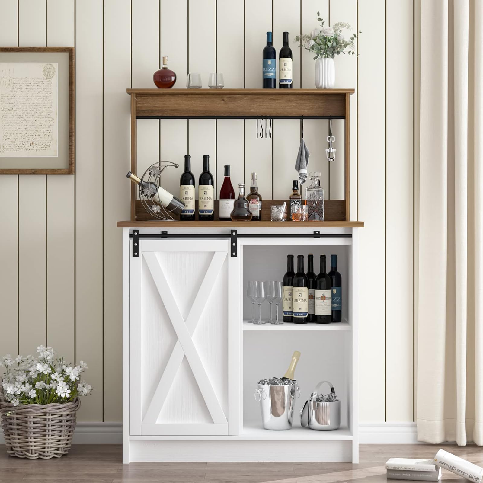 Farmhouse Coffee Bar Cabinet with 6 Hooks, 32” Small Kitchen Coffee Bar Cabinet with Sliding Barn Doors, White Bar Cabinet Wine Bar with Storage for Dining Room