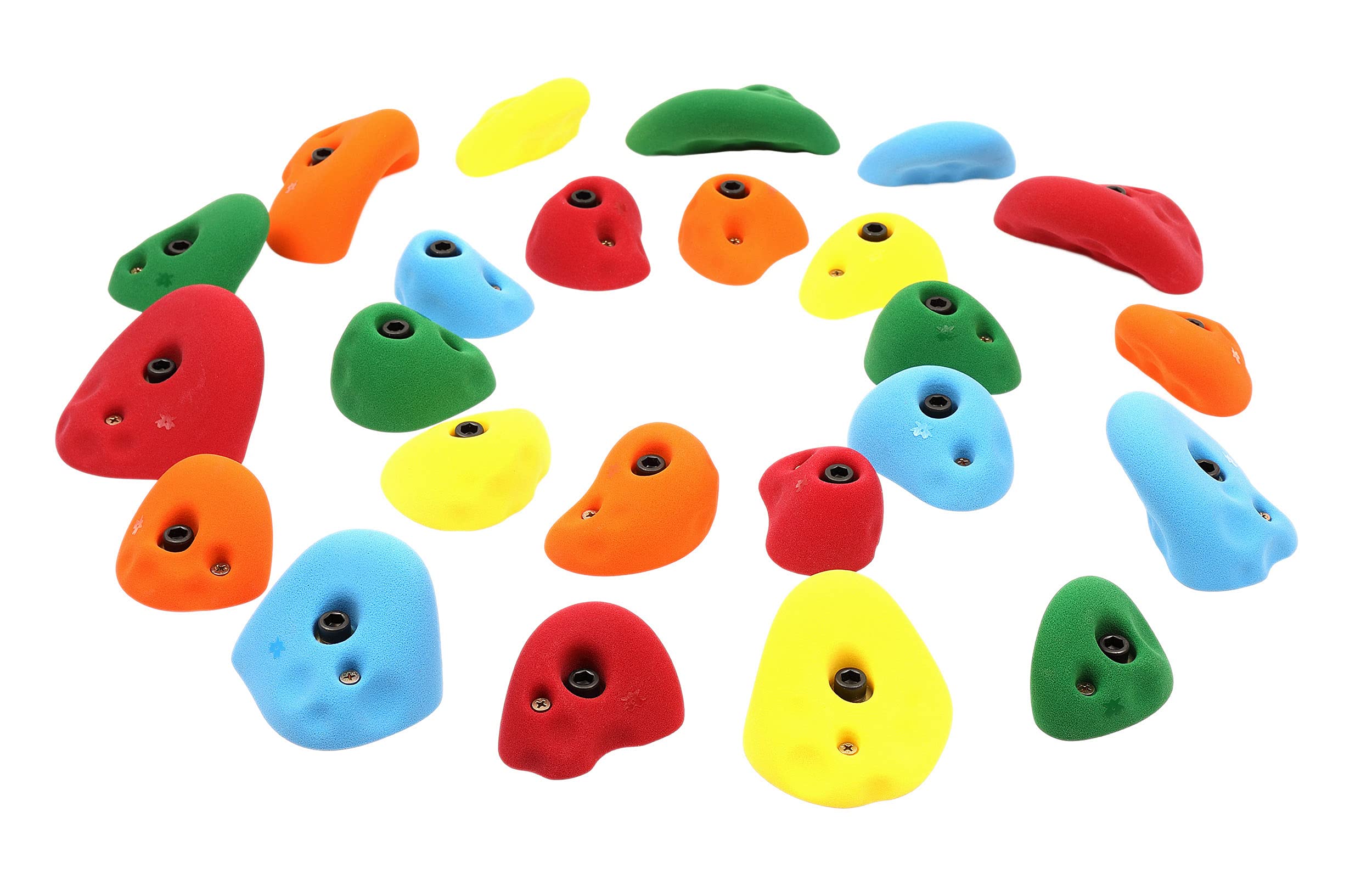 Atomik Rock Climbing Holds Set of 24 Golfus Style Tennis Shoe Friendly Footholds and Jugs with Indoor Rated Hardware in Assorted Bright Tones