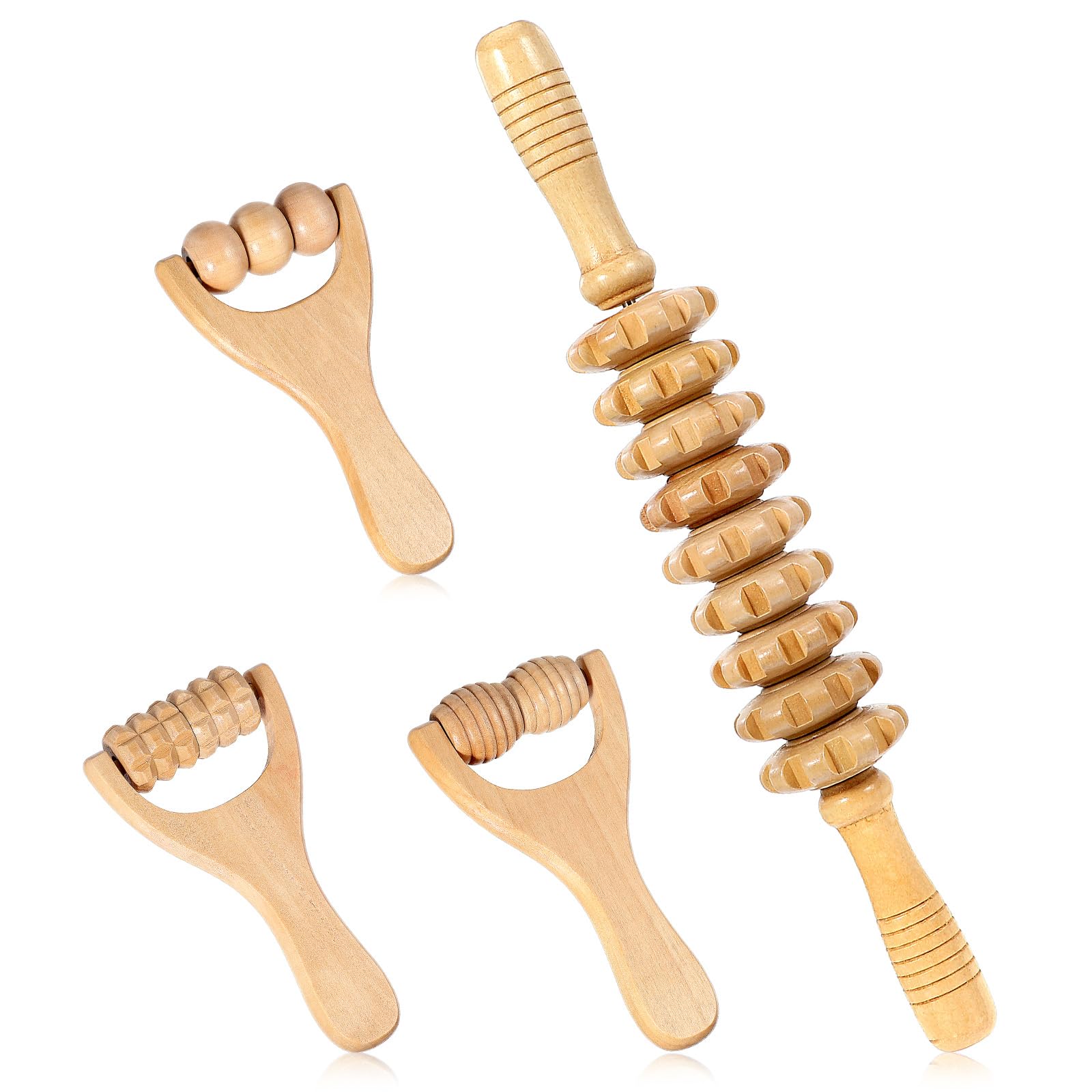 4Pcs Wood Therapy Massage Tools, Portable Manual Wooden Massage Roller Stick, Muscle Roller Stick for Body Sculpting Wood Roller Masssager for Relax