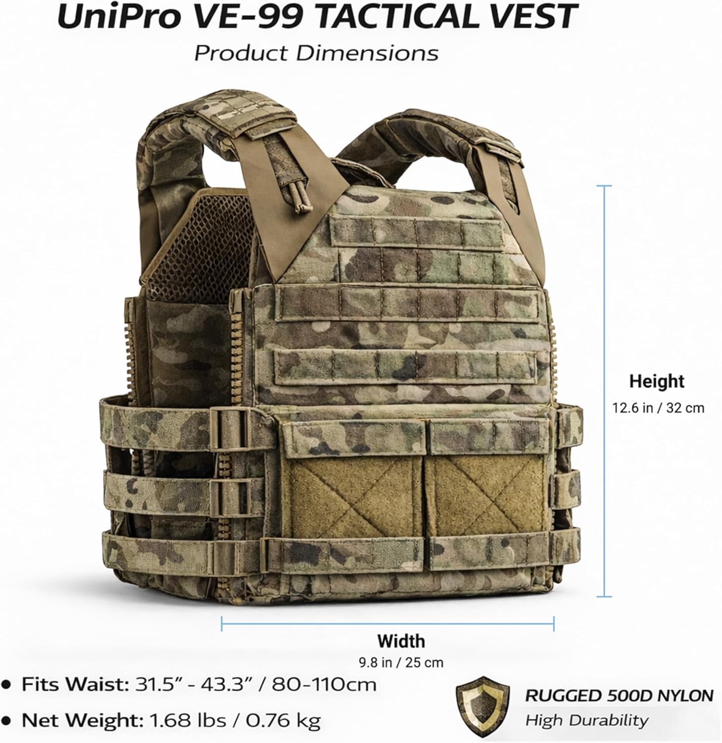 UniPro VE-99 Tactical Vest, Lightweight Modular Plate Carrier with Quick-Release System, 500D Nylon, MOLLE Compatible