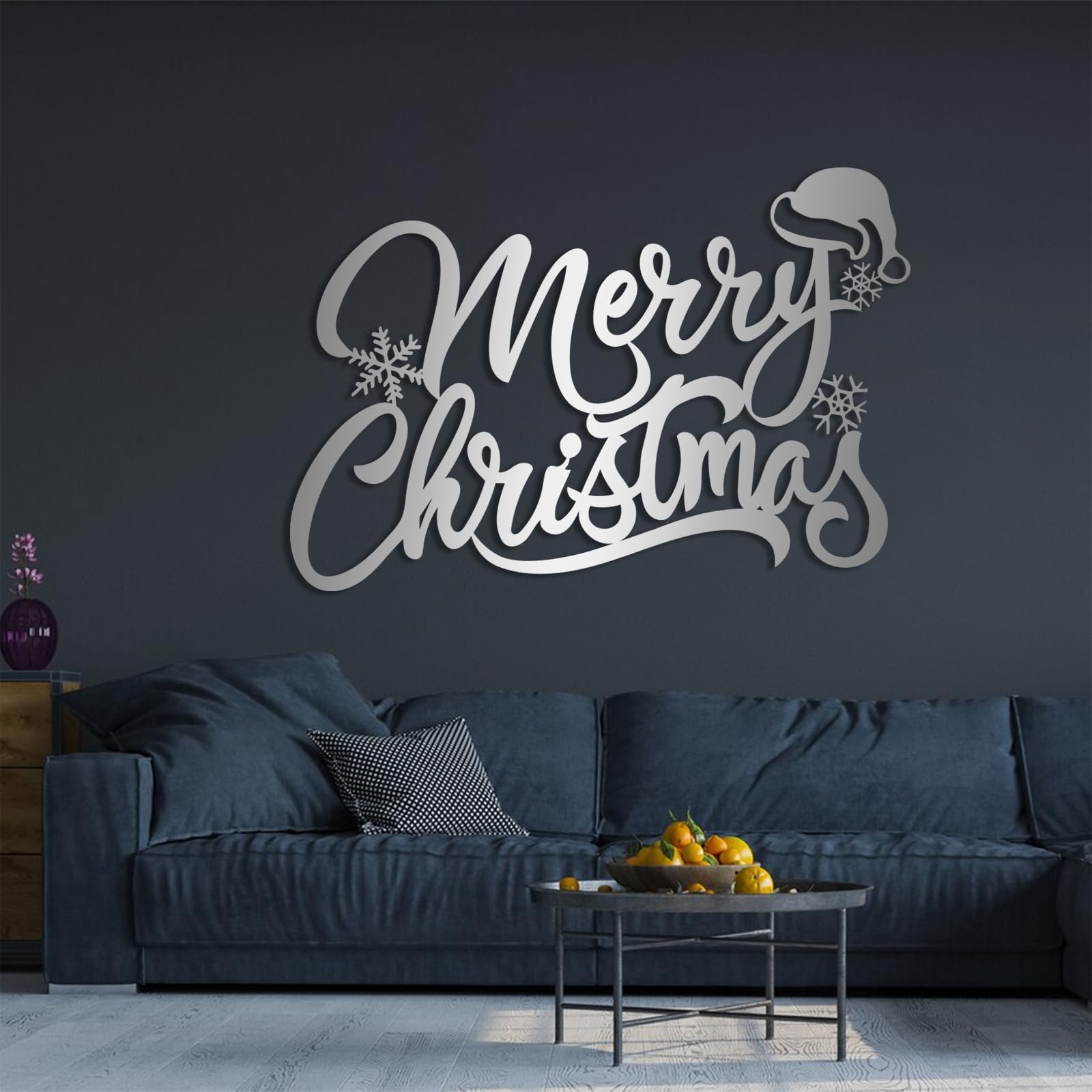 Metalowa, czarna, świąteczna dekoracja ścienna, metalowa ozdoba ścienna, nowoczesna rzeźba do salonu, sypialni i przedpokoju (srebrna, 41" dł. x 28" szer.)