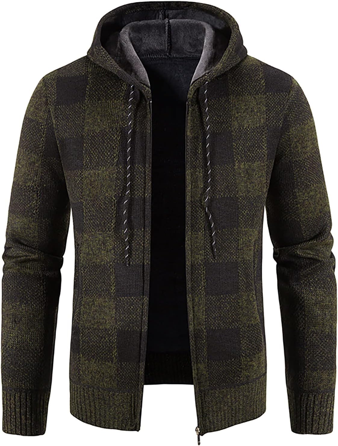 Ymosrh Men's Cardigan Sweater, Long Sleeve Plaid Fleece Lined Warm Thermal Hooded Sweater Coat, L-3XL