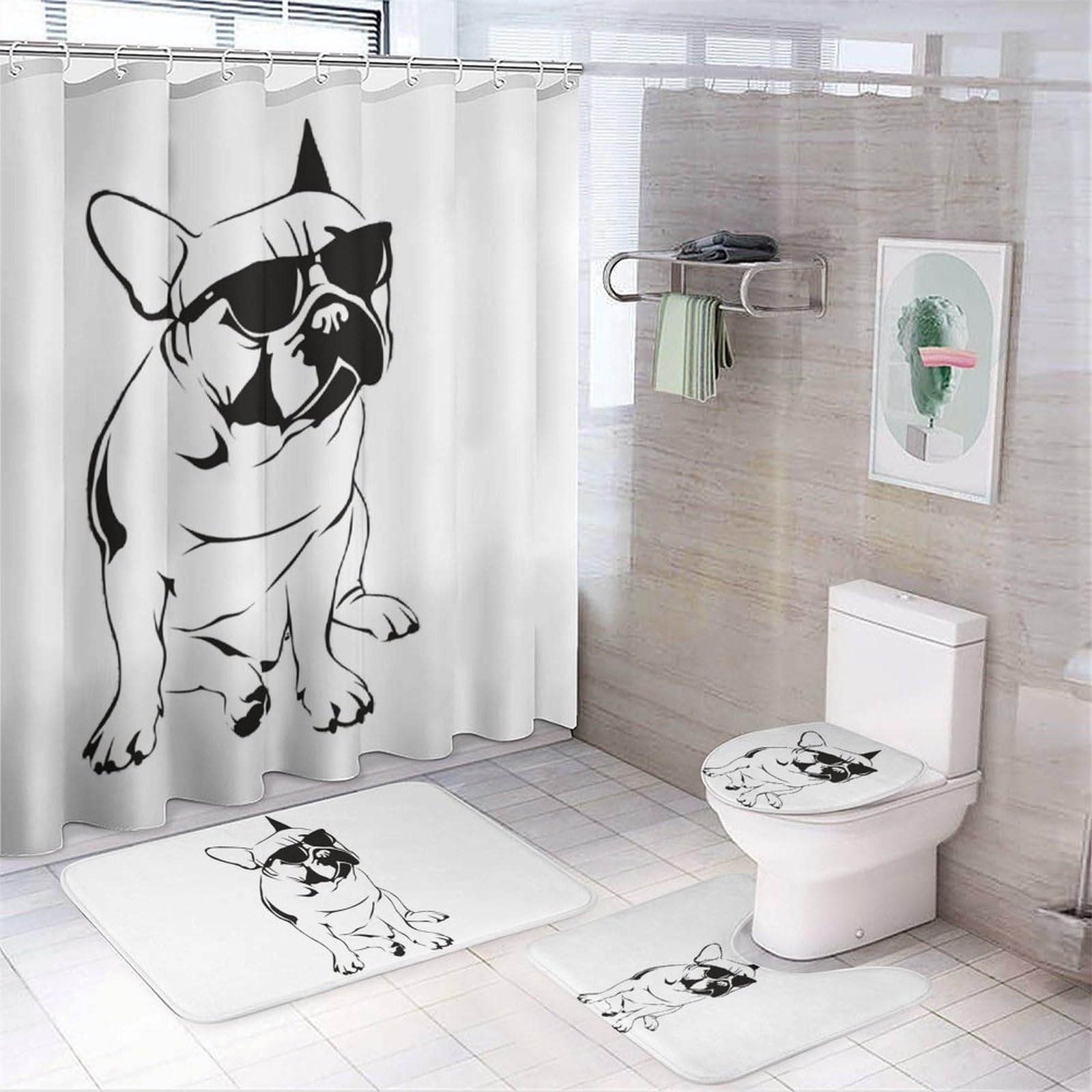 JZemdybill Bathroom Mat Set 4 Piece, French Bulldog Shower Curtain with Non-Slip Bath Mats for Bathroom