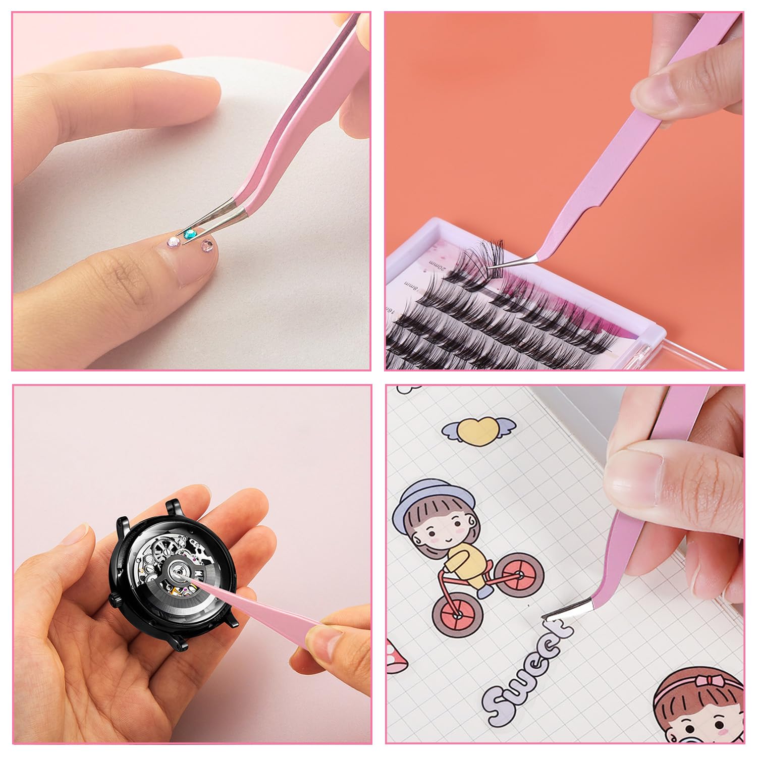 Paquete de 2 Pinzas Puntiagudas Curvas Rectas de Para Extensiones de Pestañas,Pegatinas Para Uñas,Diamantes de Imitación, Recogedores de Pestañas(Rose)