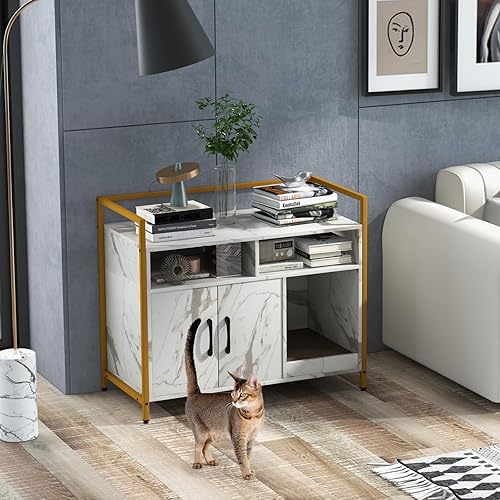 Miniatura 7 de Giantex Caja de arena para gatos, mueble oculto para baño de gatos con entrada frontal, rascador para gatos, armario de almacenamiento de 2 puertas,