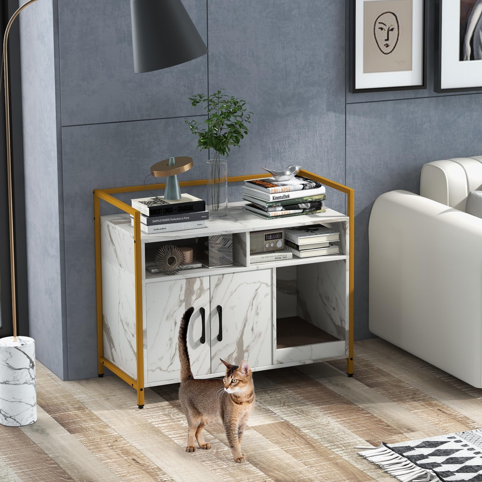 GOPLUS Mueble Arenero para Gatos, Caja de Arena para Gato con Estructura de Metal, Aseo Cerrado con Estantes, Casa de Mascotas Interior, Lavabo Oculto para Mascota, 89 x 45 x 74,5 cm (Mármol)