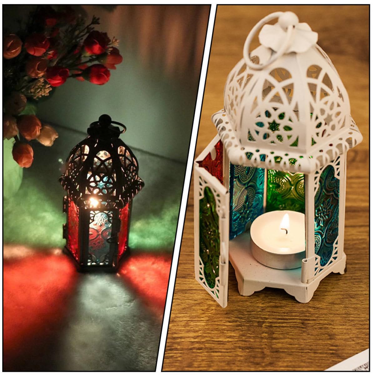 TOYANDONA Portavelas Retro de Hierro y Vidrio Estilo Marroquí, 2 Piezas, Diseño Delicado y Creativo, Fácil de Transportar para Decoración de Salón y Jardín