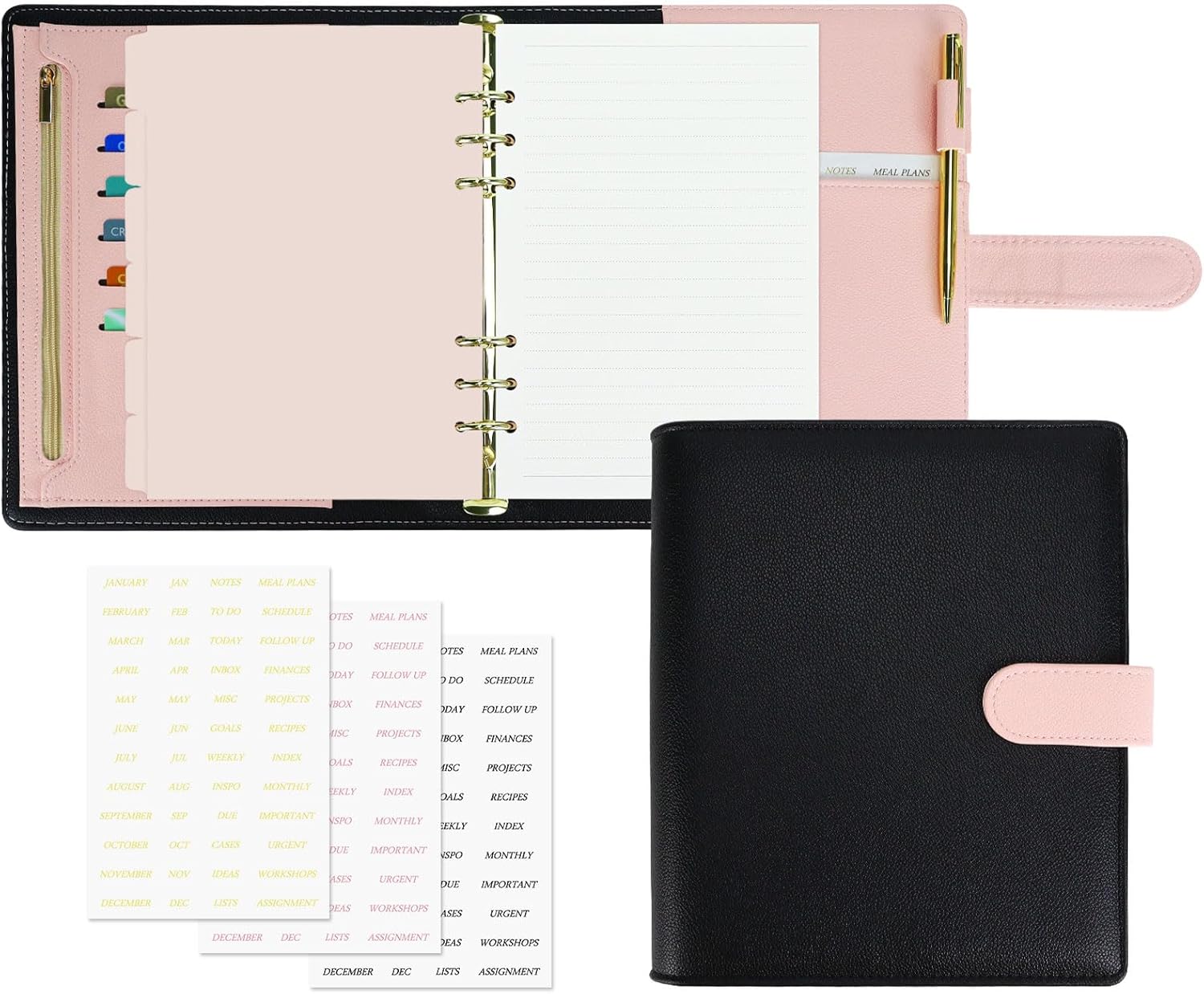 Koqye A5 Leather Binder Cover - Refillable 6-Ring Planner Organizer with Refill Paper, Dividers, Gold Pen & 3 Stickers, Leather Travel Journal Notebook Cover (Black & Pink)