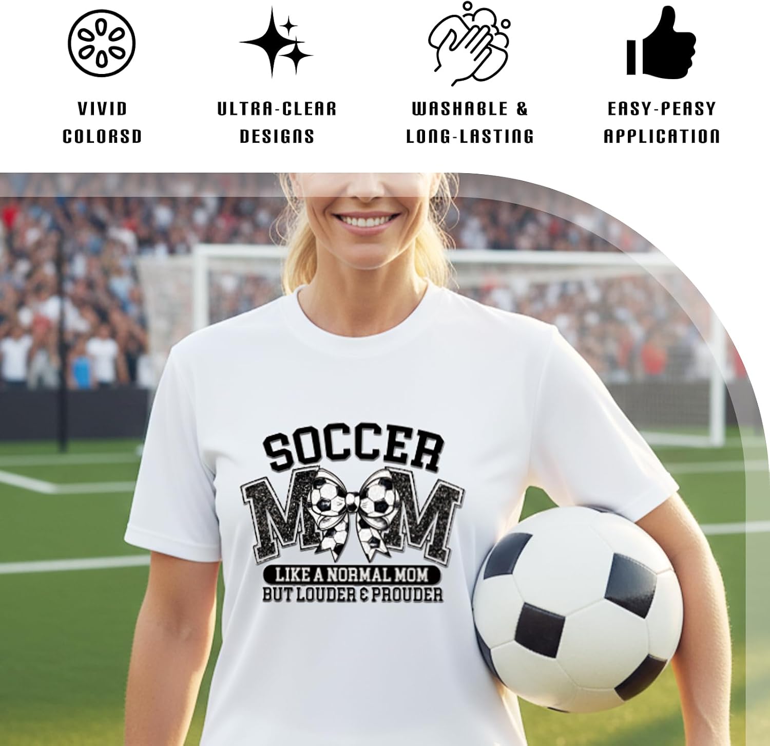 Dazoratix Soccer Iron on Transfers - 30 Sheets Mama Ball Number DTF Ready to Press Heat Patches Bulk Sport Mom Game Day Bow Stickers Vinyl Decals for T Shirts Clothing Hoodie Pillow Bag Hat DIY Crafts