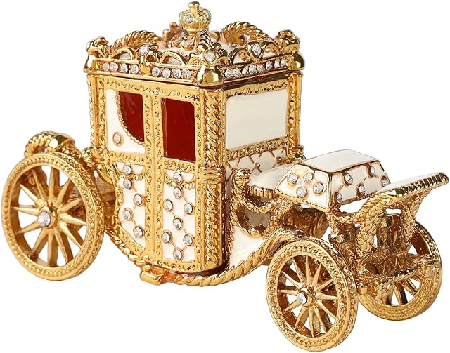 QIFU Hand Painted Royal White Royal Carriage Figurine Trinket Box Hinged, Unique Gift for Family