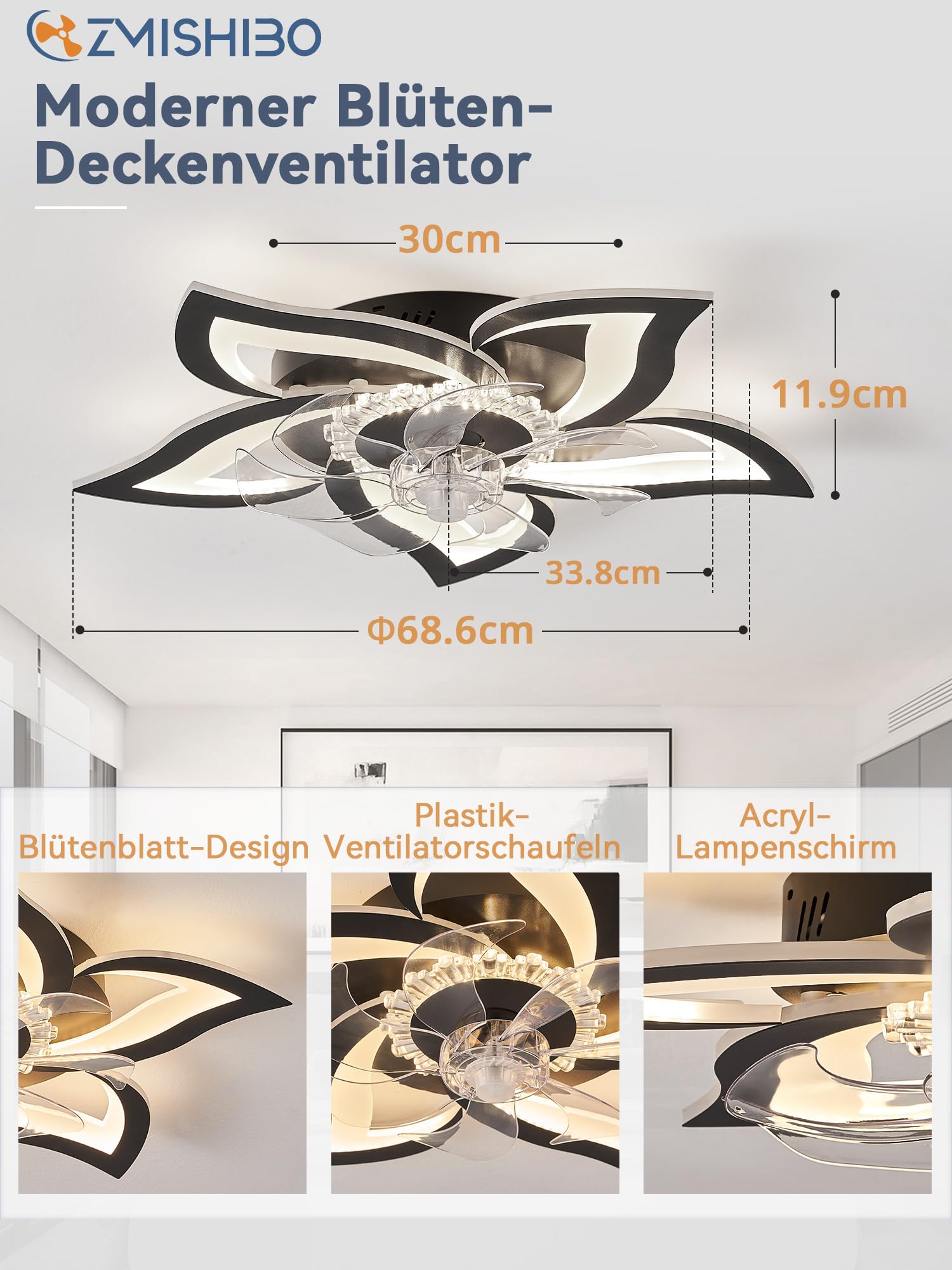ZMISHIBO Deckenventilator mit Beleuchtung,69cm,Lampe mit Ventilator,DC-Motor,6 Geschwindigkeiten,dimmbare LED,Bluetooth-App,Timer,leise,Blütenform-Design in Schwarz für Schlafzimmer und Wohnzimmer