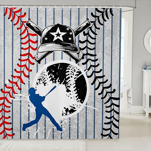 Manfei Cortinas de ducha de béisbol para niños, cortinas de baño negras con gorra de bate de béisbol para decoración de habitación de niños y