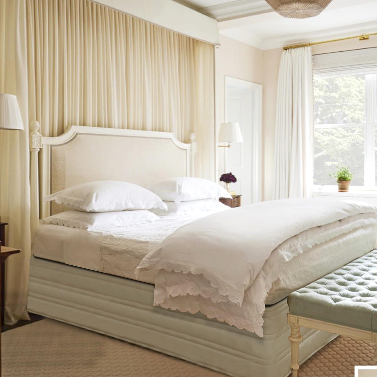 Queen Bed Skirt 14 Inch Drop,Quilted Bed Skirt with Blended Fabric,Wrap-Around Cover for Bed,Easy Fit,Fade Resistant,Wrinkle Free,Tailored Drop(Linen, King)