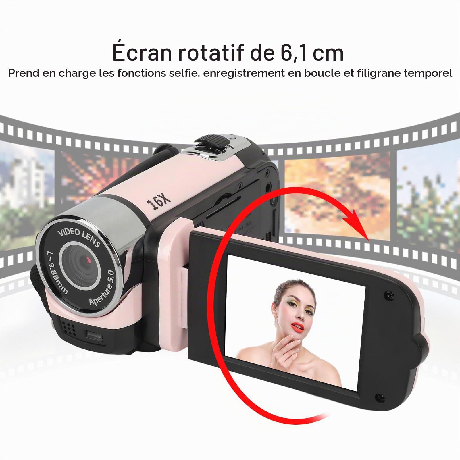ASHATA Caméscope de Caméra Vidéo D90, Enregistreur D'appareil Photo Numérique 1080P 16MP, écran Rotatif de 2,4 Pouces, Caméscope à Zoom Numérique 16X avec Lumière de