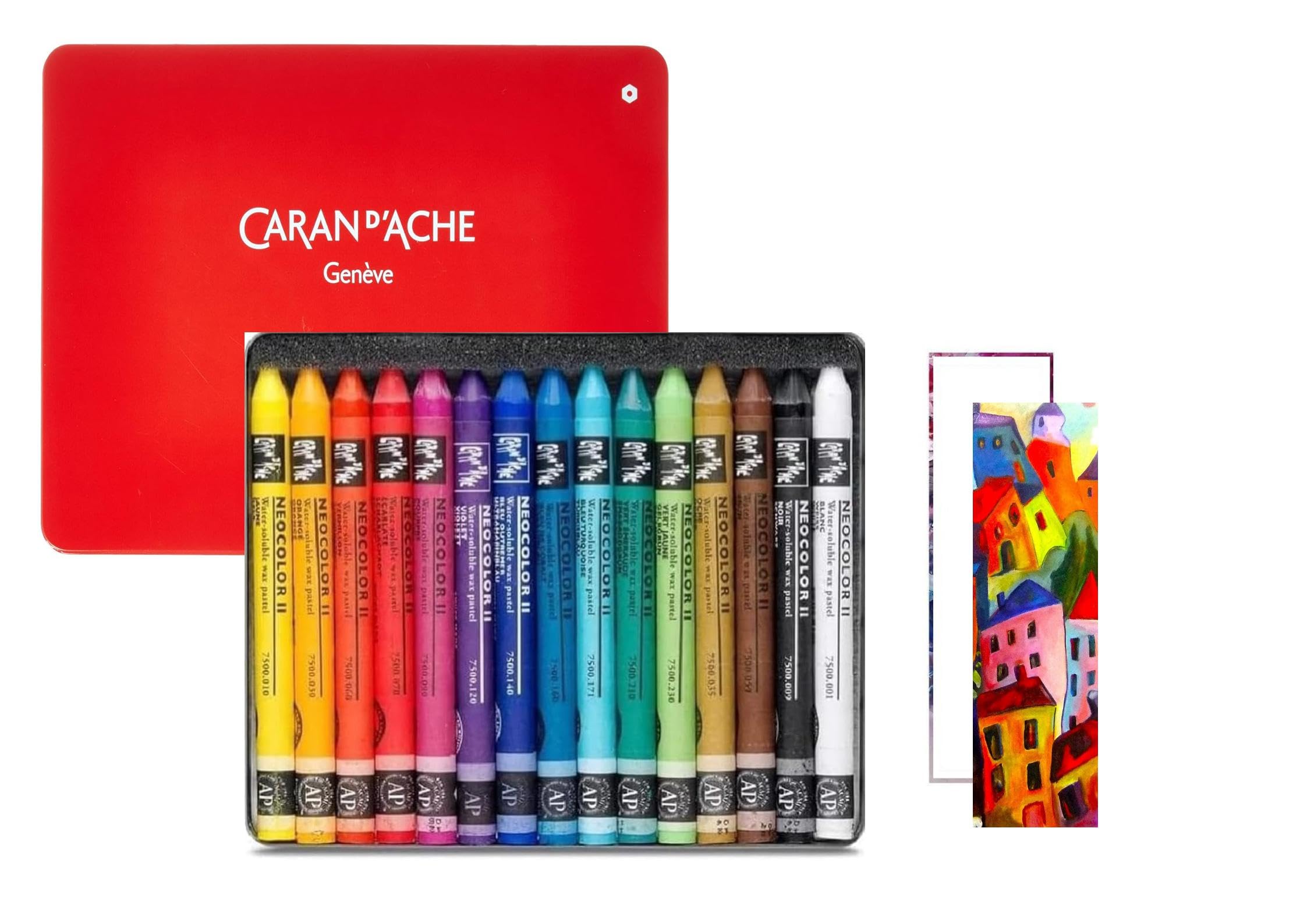 Caran d'Ache Neocolor II, Pasteles de cera acuarelables, Lápices de cera Aquarellables - Lote de 15 y 2 tarjetas