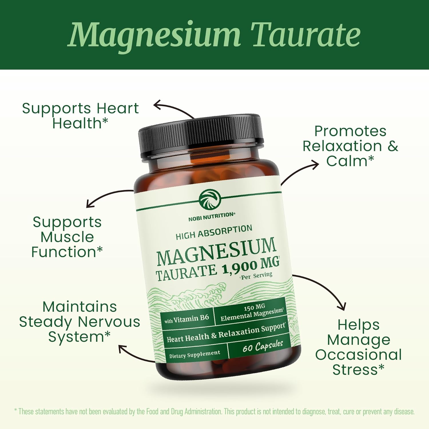 Magnesium Taurate 1900MG | Heart Health and Relaxation Support | 150MG Elemental Magnesium Per Serving | High Absorption Mag Taurate with Vitamin B6 + Black Pepper | Non-GMO | 60 Ct (1 Month Supply) - Image 2