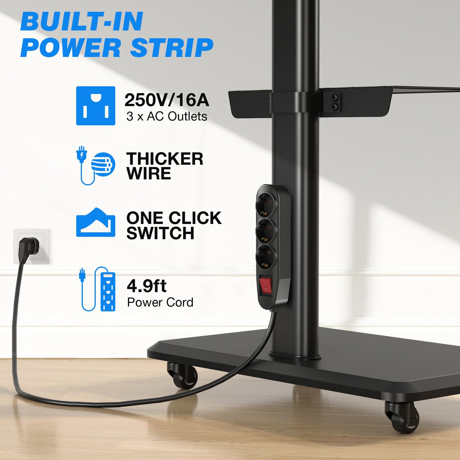 5Rcom Supporto TV Mobile su Ruote per Televisori Curvi da 32-55 Pollici, Supporto TV Girevole con Base in Legno, Altezza Regolabile con un Ripiano, Max VESA 400x400 mm fino a 35 kg