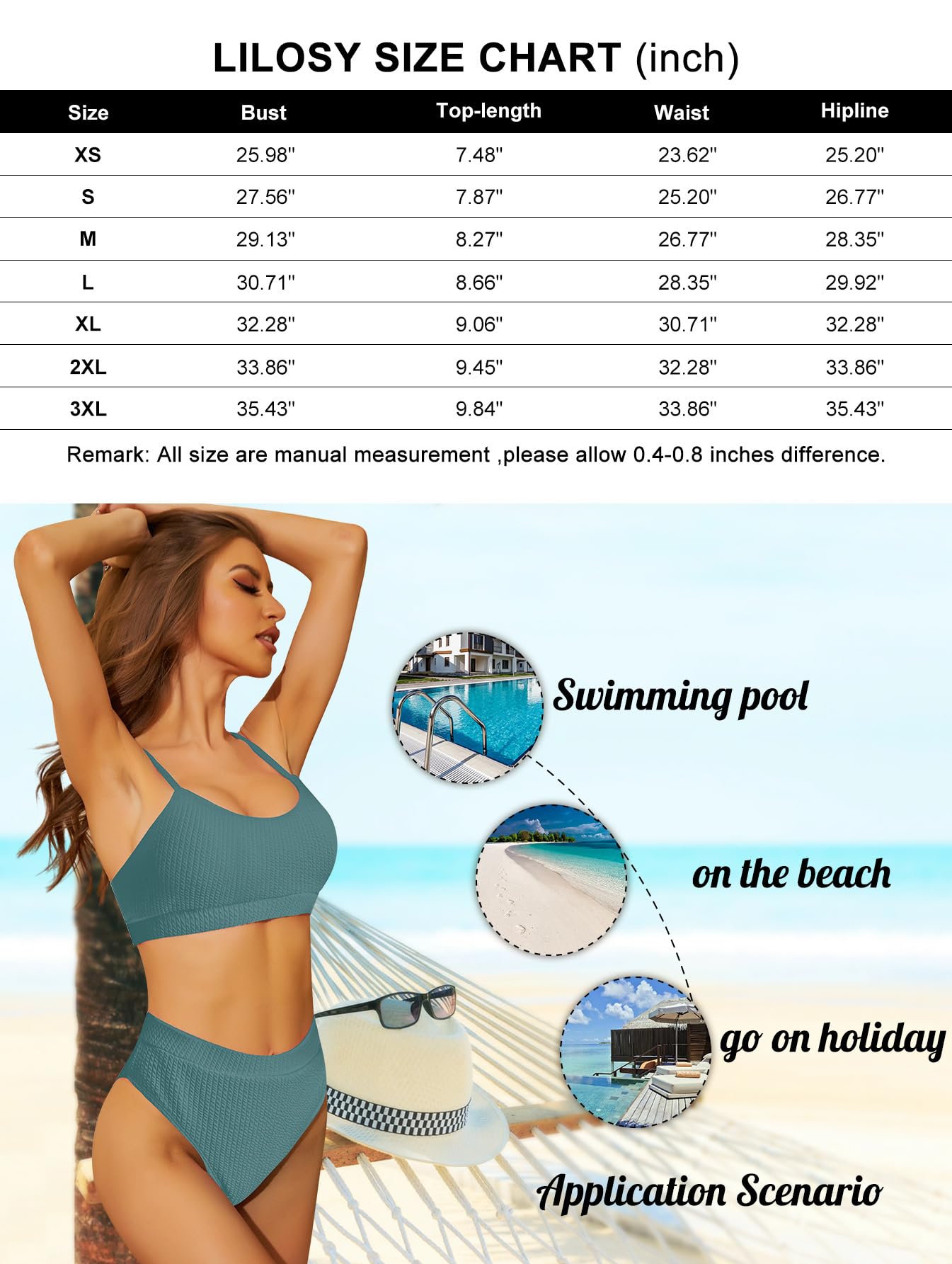 Lilosy Maillot de bain brésilien taille haute avec effet gainant et haut court côtelé 2 pièces, turquoise, Taille L