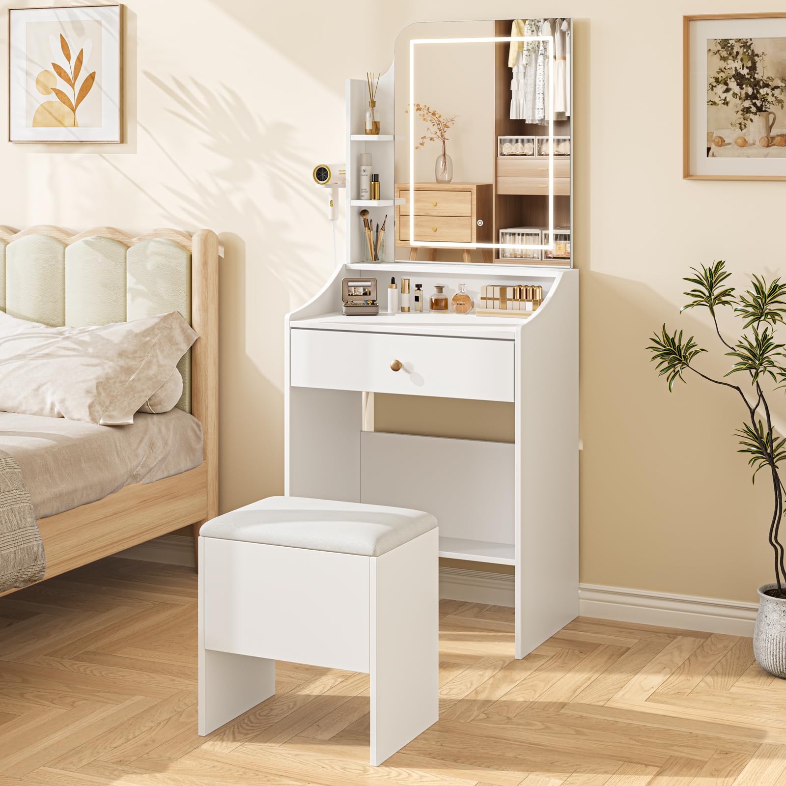 Dripex Tavolo da toeletta con illuminazione, tavolo da trucco con sgabello e specchio, 3 colori con luminosità regolabile, Vanity Desk per make up, 62 x 150 cm, bianco (62 x 150 H)