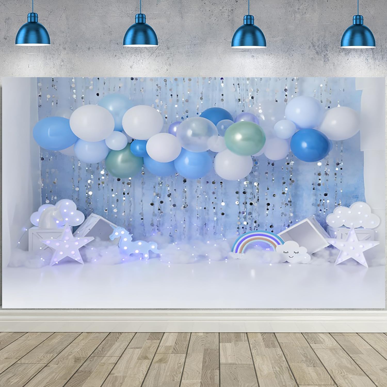 Blauer Hintergrund "Happy Birthday", 3,5 x 2,1 m, weiße und blaue Luftballons, Glitzersterne, Regenbogen, Wolke, Geburtstags-Fotohintergrund, Geburtstagsparty, Dekoration