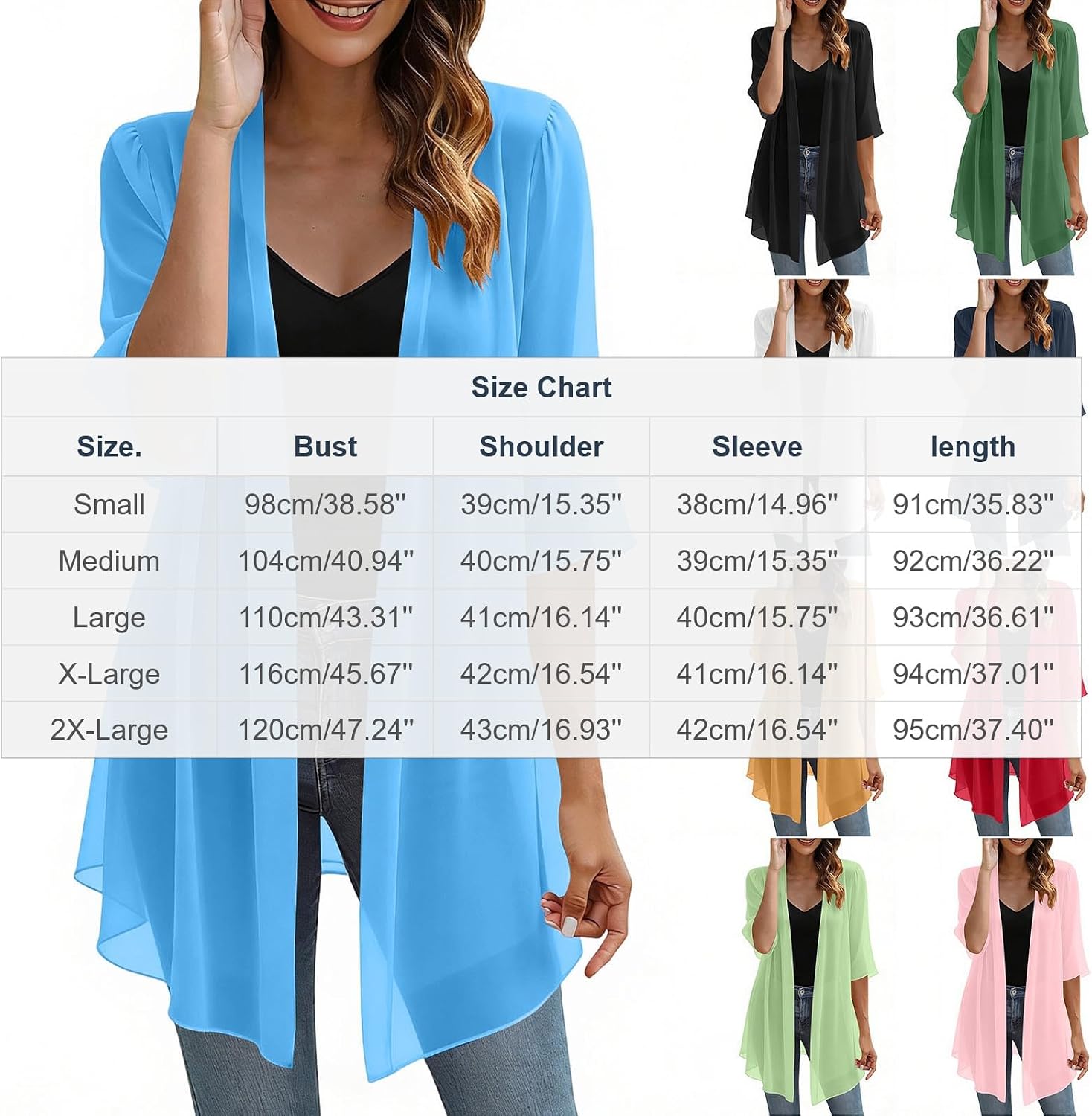 Womens Kimono Beach Cover up Chiffon Cardigan Loose 3/4 Sleeve Summer Tops Short Shrugs Solid Casual Long Cardigans