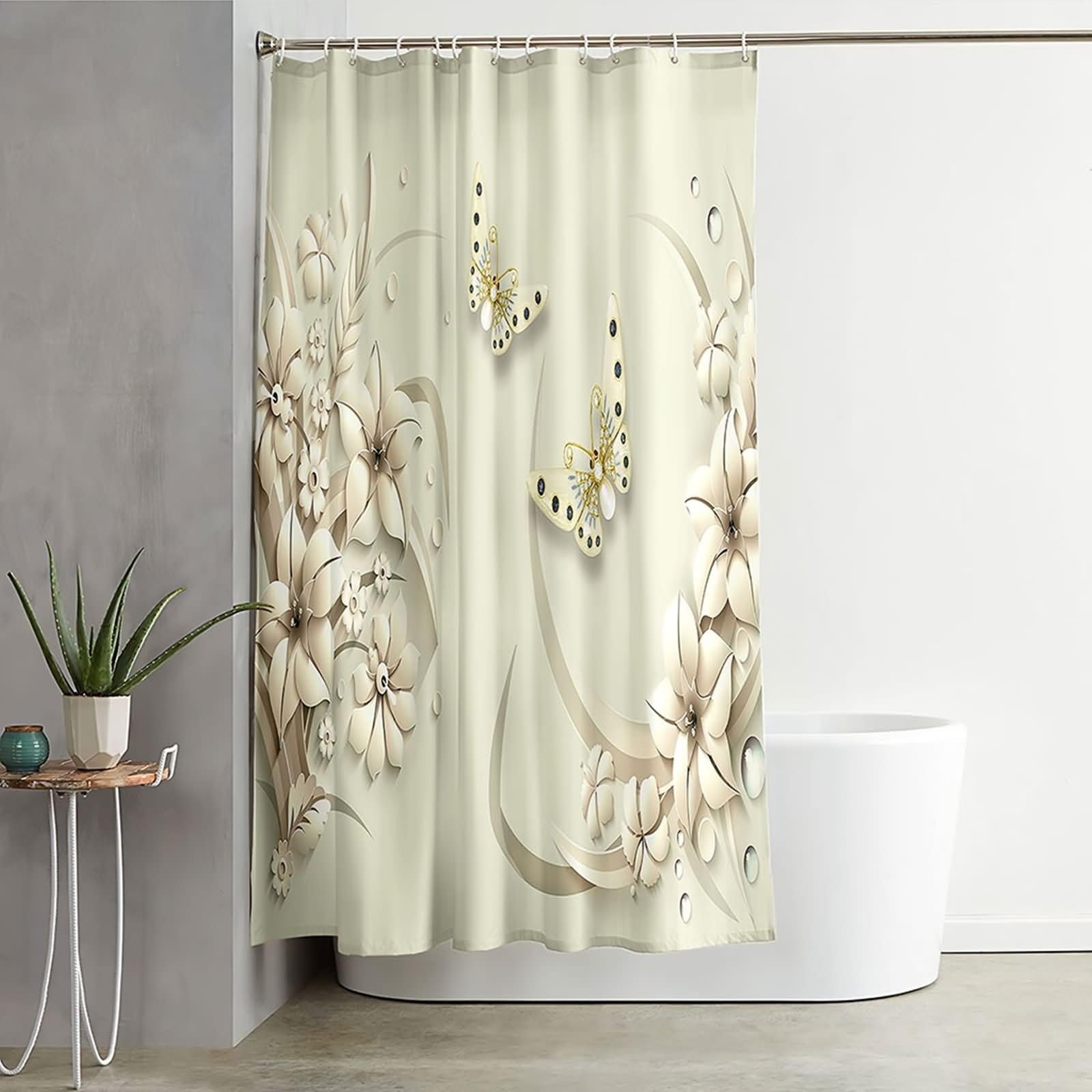 Duschvorhang 180X200, Textil Duschvorhang Beige 3D Blumen und Schmetterlinge Duschvorhang für Männer