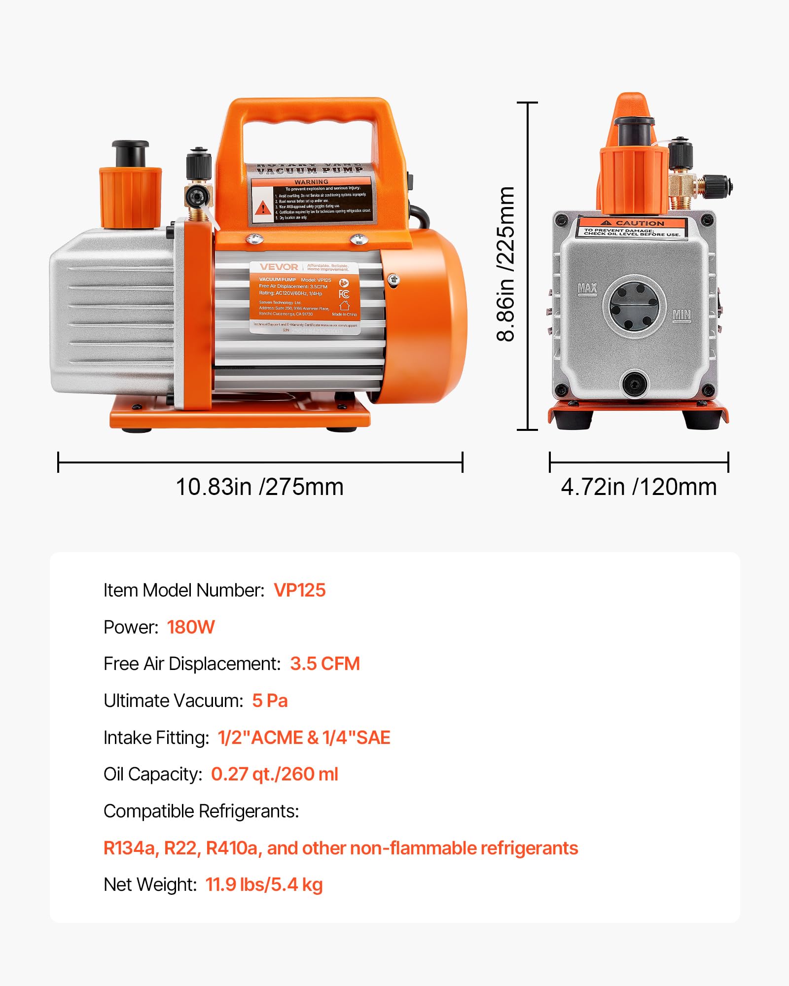 VEVOR Pompa per Vuoto 100 L/min a Palette Rotanti Monostadio HVAC Sistema R134a R22 R410a Serbatoio dell'olio, Motore a 4 Poli 5 Pa Pompa Vuoto per Manutenzione di Impianti Climatizzazione per Auto