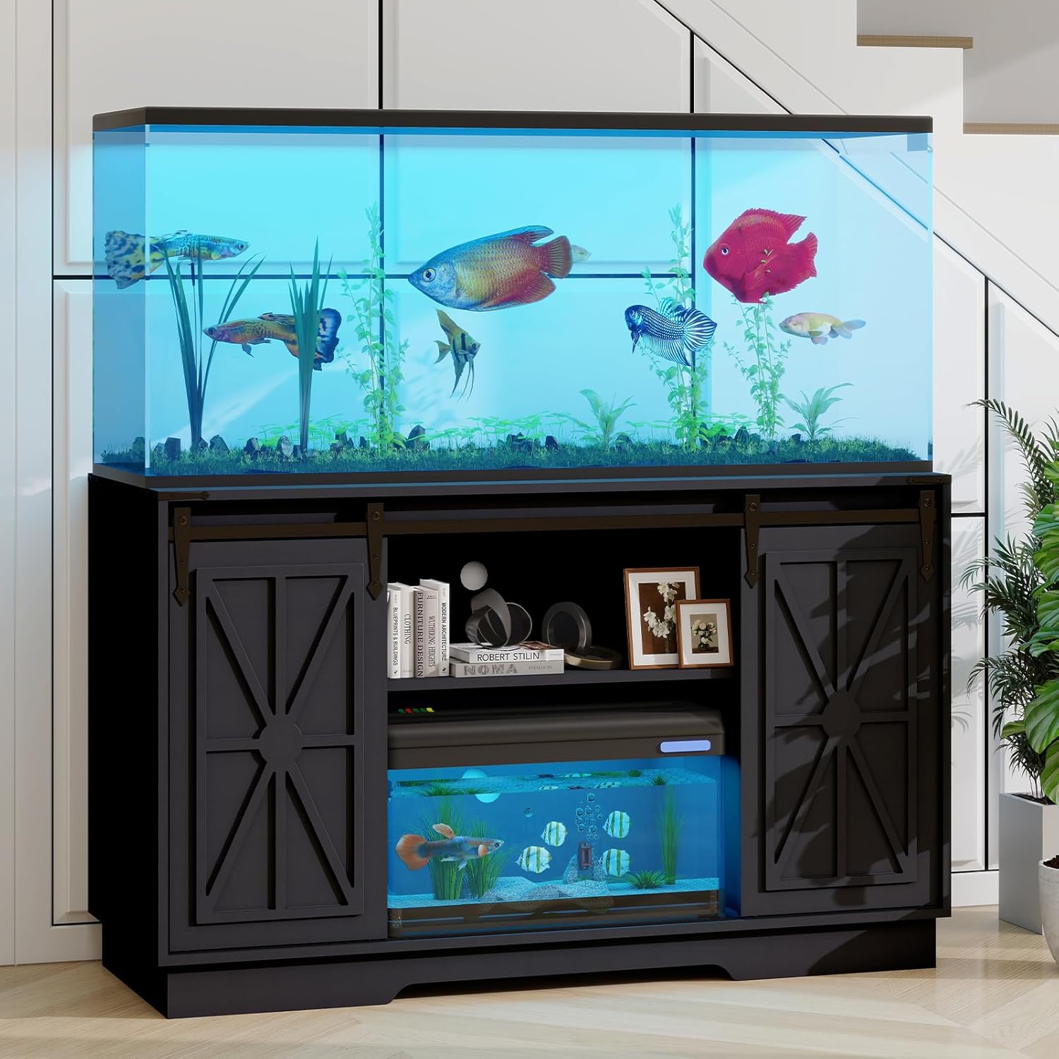YU YUSING 55-75 Gallon Farmhouse Fish Tank Stand with Sliding Barn Doors, Aquarium Stand with Cabinet for Fish Tank Accessories Storage, Turtle Tank, Reptile Terrarium, Capacity 1100 LBS