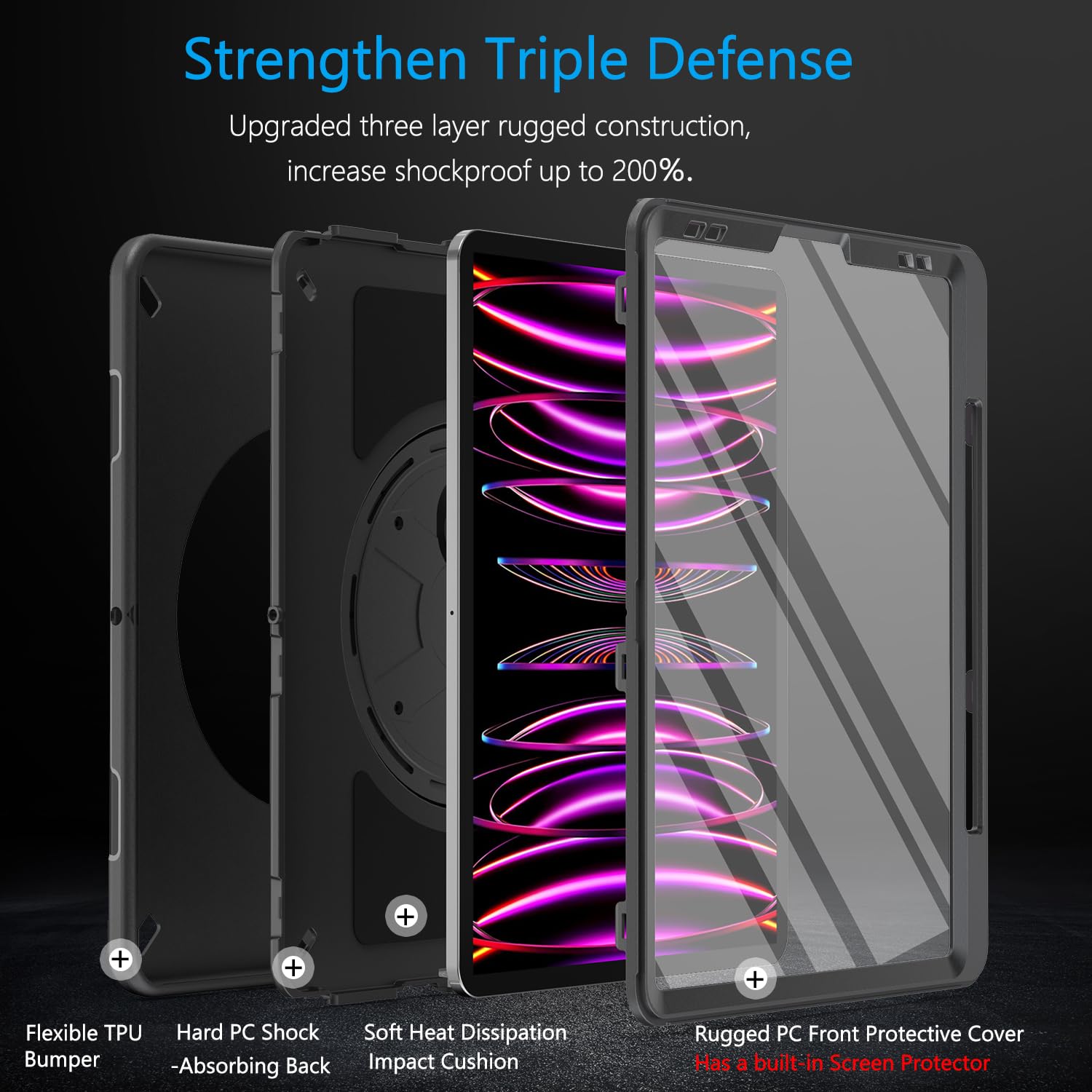 Miesherk Custodia Case iPad Pro 12.9 2022/2021: Militaire Protettiva Antiurto a 3 Strati per iPad Pro 12.9 6th/5th generazione-Portapenne-Supporto Rotante-Tracolla per Spalla e Cinghie a Mano-Nero
