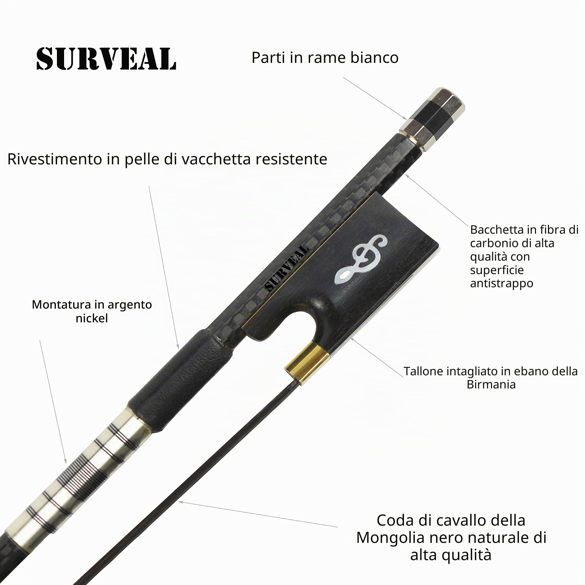 Archetto per violino, in fibra di carbonio e peli di coda di cavallo della Mongolia nero naturale, nasetto in ebano inciso, ben equilibrato 4/4 Nero