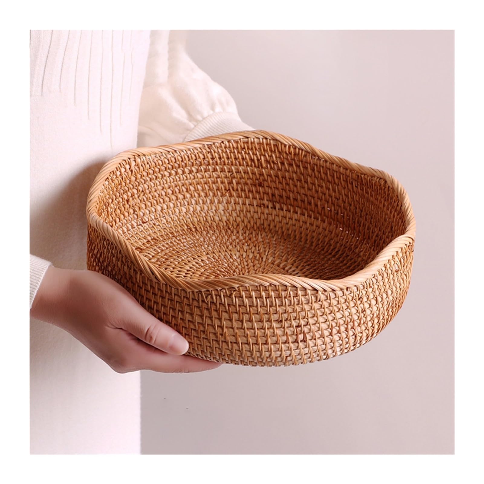 10.62" Handmade Rattan Bread Basket Natural Round Wicker Fruit Serving Storage Bowls Wave Woven Food Decorative Kitchen Counter Organizing