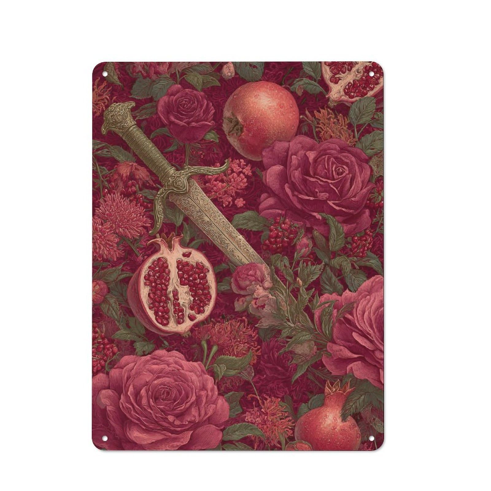 Junmoney Floral & Sword Artistry Metal Wall Sign 40X30cm Featuring For Garage Or Workshop, For Home Office, Studio And Craft Room Walls