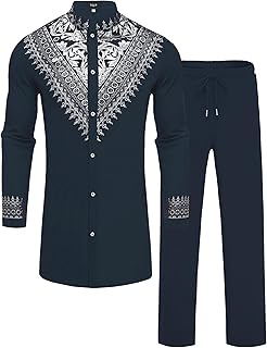 Mens African 2 Piece Set Metallic Traditional Suit Gold Stamp Printed African Dashiki Shirt and Pants Outfit
