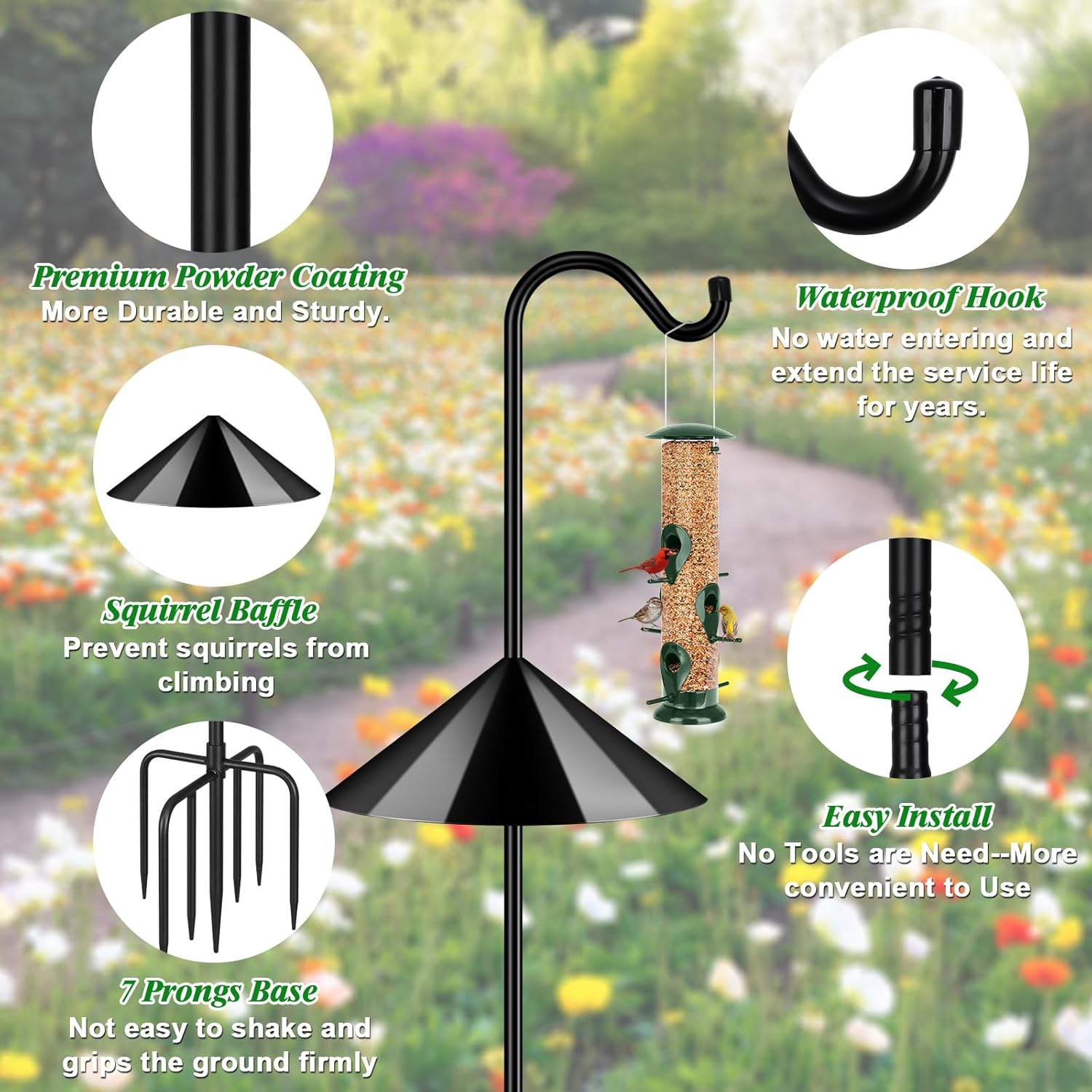 FEED GARDEN 92’’ Bird Feeder Pole Squirrel Proof, Adjustable Shepherds Hooks for Outdoor with 7 Prongs Base, Heavy Duty Shepherd Hook with Squirrel Baffles, Pole for Bird Feeder, Plant Baskets,1 Pack