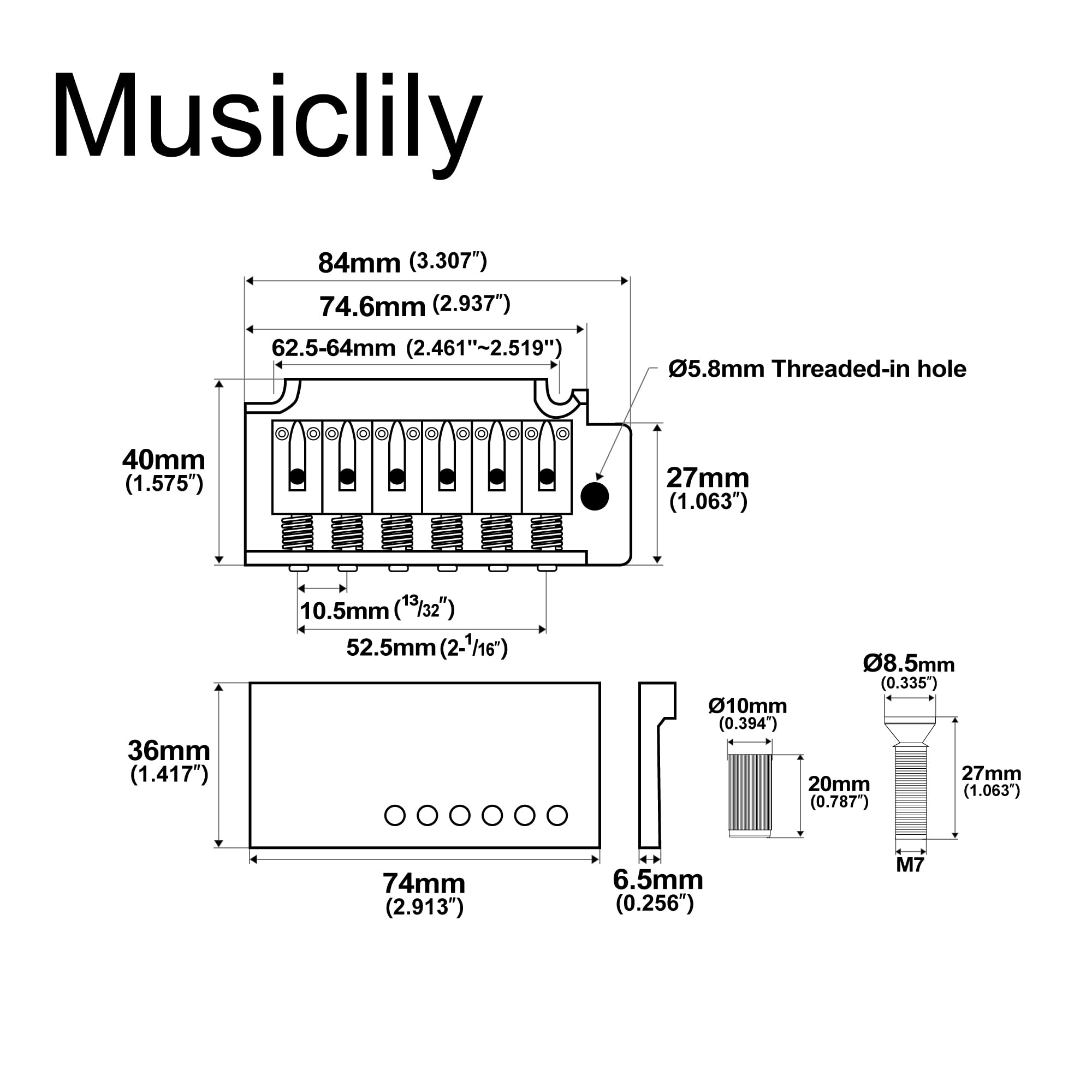 Musiclily Pro 52,5mm 3-point Mostek Tremolo Krótki Blok do Gitary Elektrycznej Squier Strat, Złoty