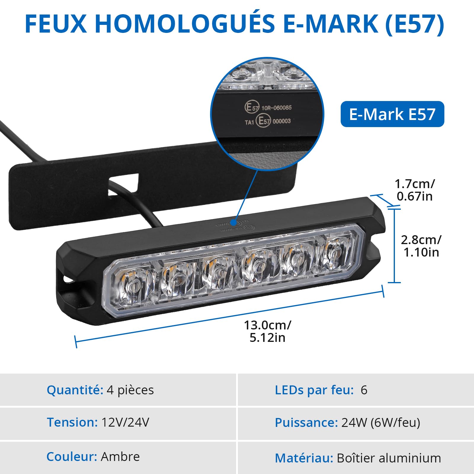 4 PCS 6 LED Lampes stroboscopiques Feux d’urgence | 8 Modes de Flash, pour Voiture Camion Tracteur Pick-up, 12V 24V, Ambre, IP65 Étanche, Feux de Pénétration, Approuvés E-mark