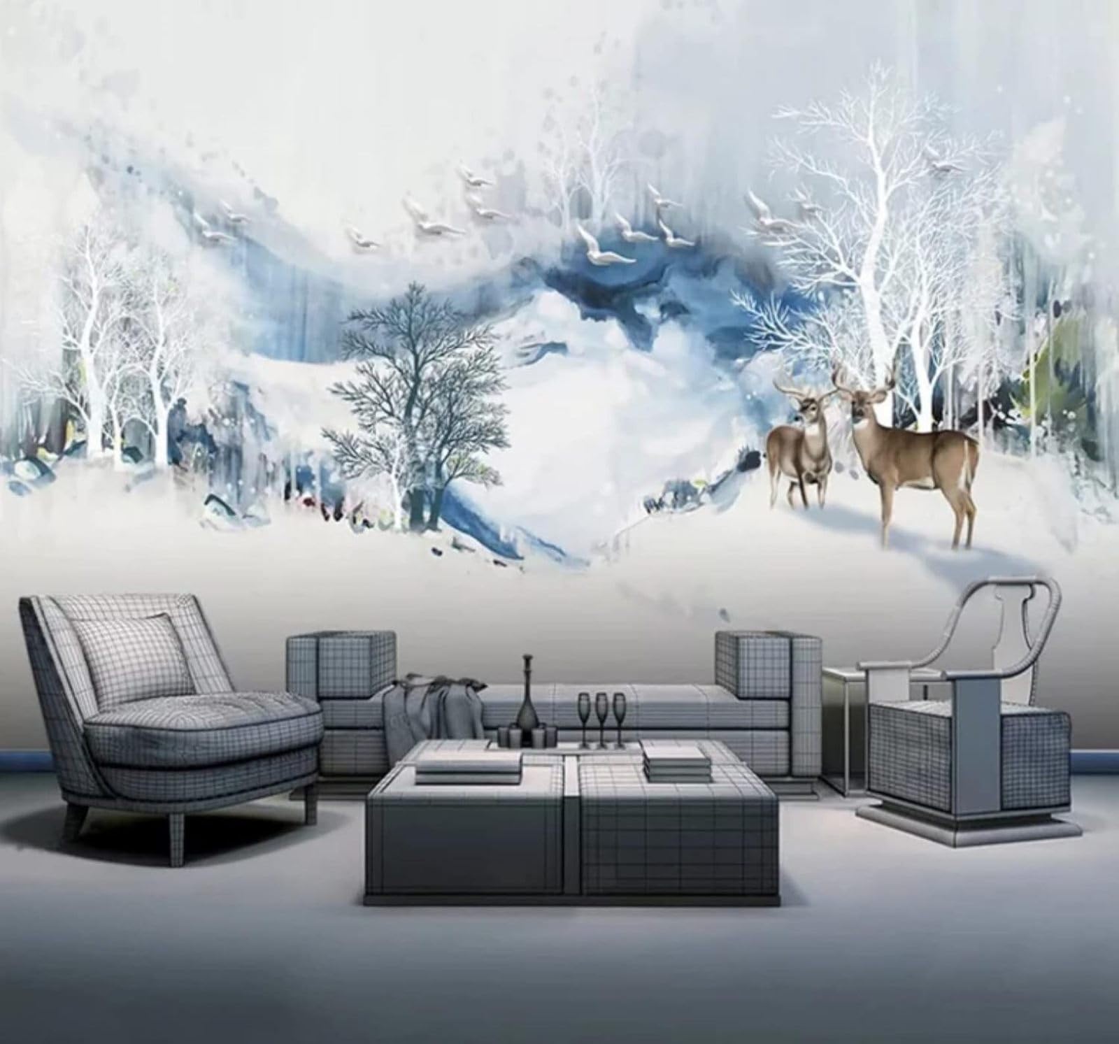 XLMING Abstract Ink Wash Snow Capped Mountains Forest Reindeer 3D Wallpaper Luxury Home Dining Decor Paste Sofa Living Room The Wall for Bedroom Mural-300cm×210cm