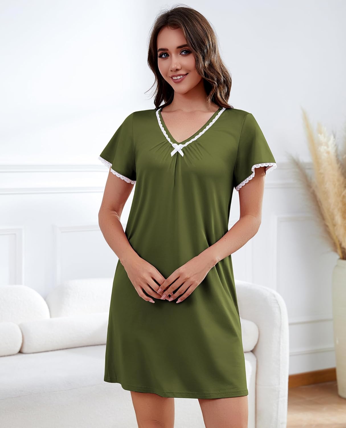 Womens Nightgown V Neck Pleated Sleepwear Short Sleeve Lace Trim Nightshirt Boyfriend Sleepdress - Image 3