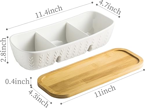 Miniatura 2 de Juego de servir chips y salsa con bandeja de madera de acacia, tortugas de salsa de mayólica, bandeja de condimentos para aperitivos, aperitivos,