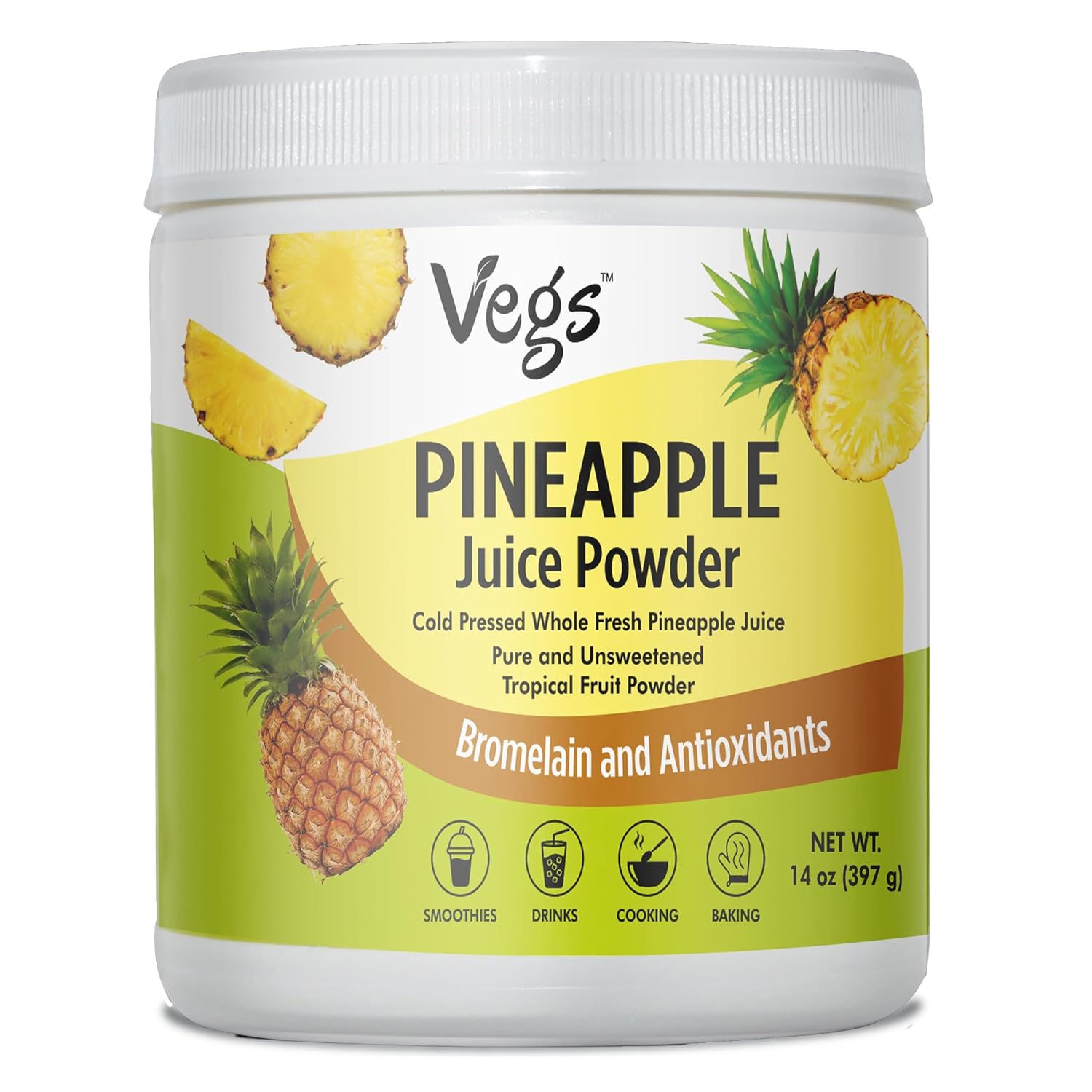 Vegs Pineapple Juice Powder - Freeze Dried Organic Pineapple Powder with Bromelain & Antioxidants - Sugar-Free Cold Pressed Tropical Fruit - Smoothies, Drinks, Cooking, Baking - Vegan, Non-GMO - 14 Oz