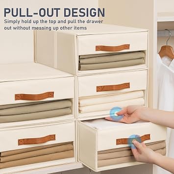 6 Pack Stackable Wardrobe Storage Drawers - Foldable Pull-Out Boxes | DIMJ Closet Organiser Baskets with Clear Window for Clothes, Bedroom, Living Room,Airing Cupboard Shelves, Beige